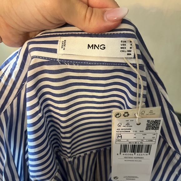 NEW WITH TAGS! Cotton Blue & White Shirt Dress w/ Removable Belt, Mango, size M - Picture 7 of 13